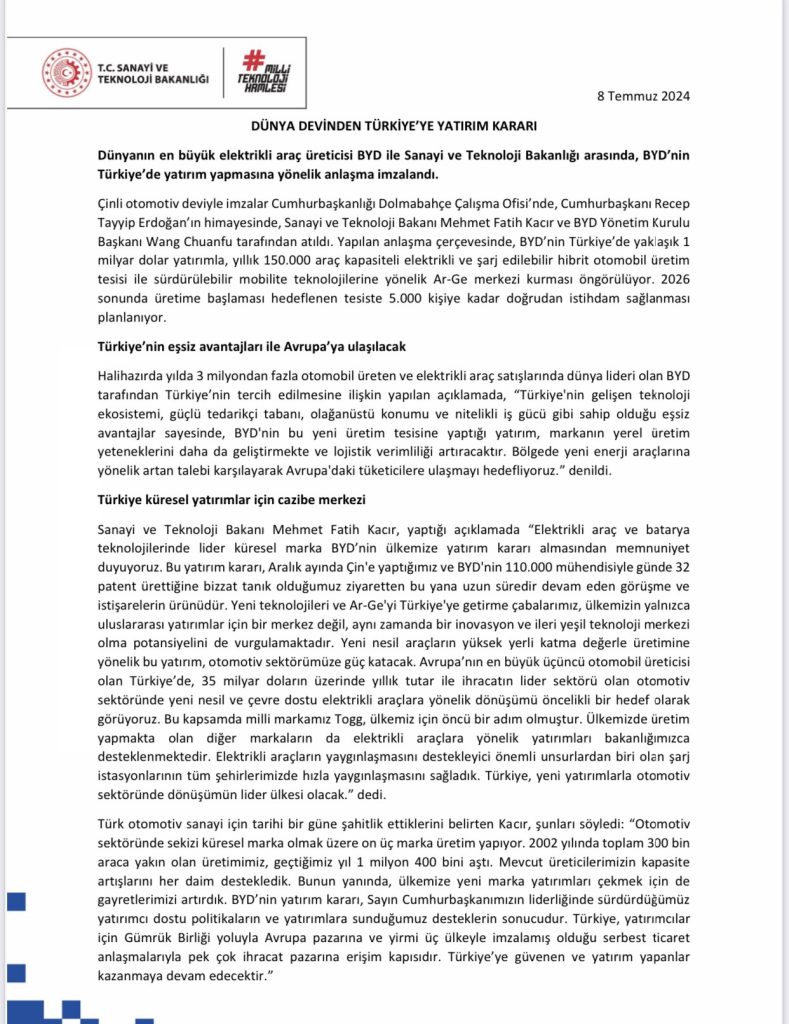 BYD YATIRIMI İMZALANDI
