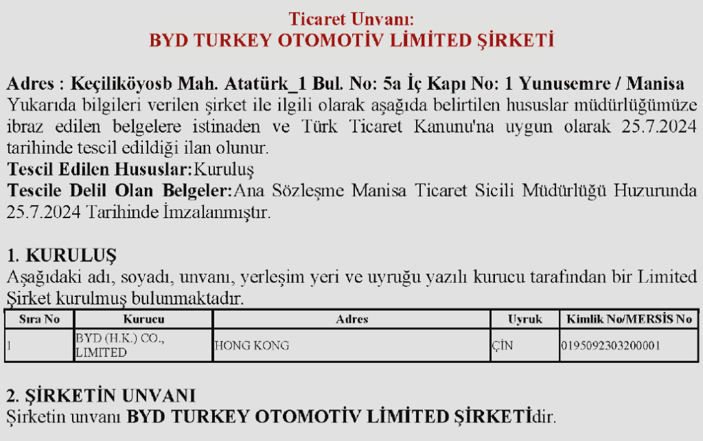 BYD Turkey Otomotiv Limited Şirketi RESMEN KURULDU.